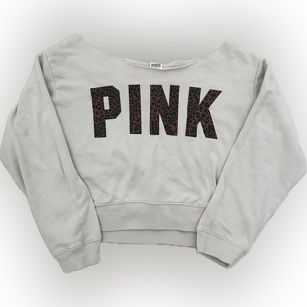 Victoria's Secret PINK Off the Shoulder Sweatshirt Beige Leopard Logo L & XL